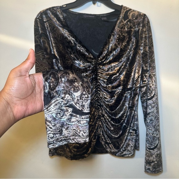 Context Black Gray Paisley Dark Romantic Velvet Burnout Whimsigoth Blouse Size M - Picture 1 of 16